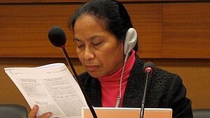 Photo: Pelpina Sahureka at the UN © Fund Rescue Maluku Sekarang